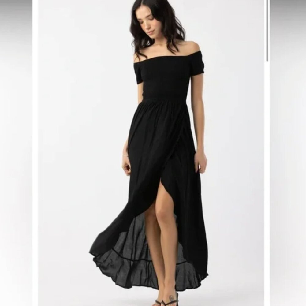 Tiare Hawaii Cheyenne Off the Shoulder Smocked Maxi Black Dress NWT